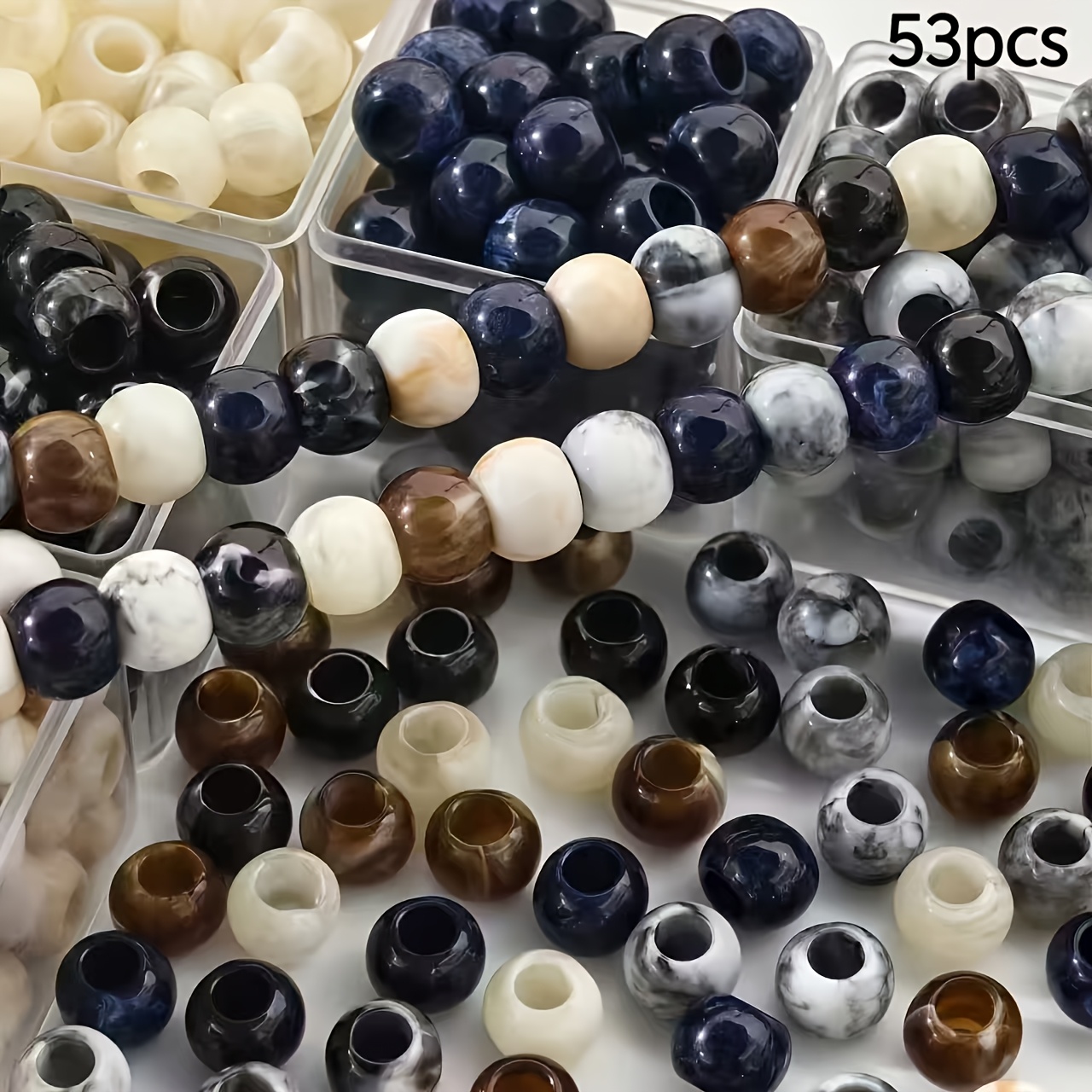 TEMU 53pcs 10mm Chinese Style Jade-like Irregular Pattern Large-hole Round Beads For Diy Bead Phone Straps, Bracelets, Necklaces, And Jewelry