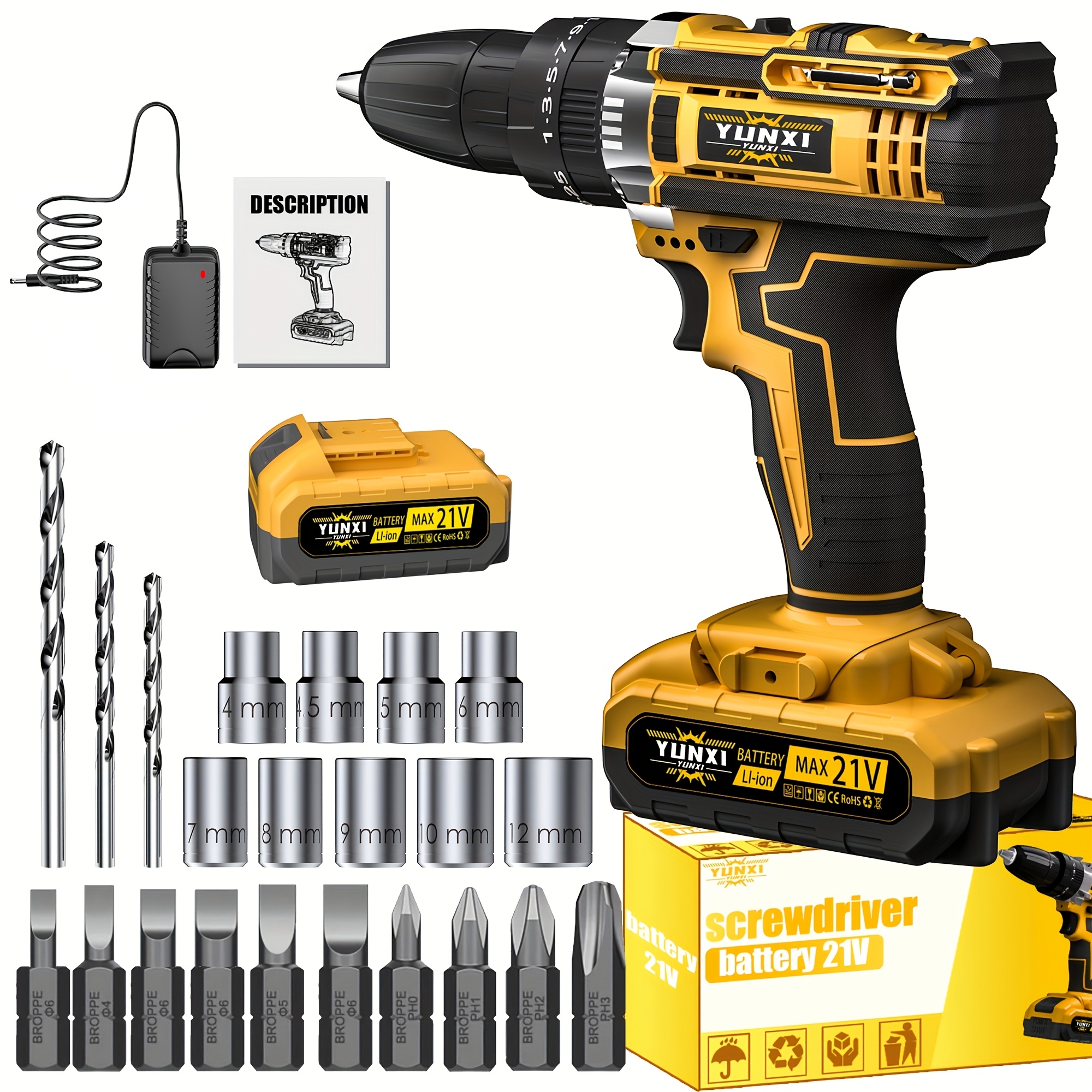 TEMU 21v Cordless Portable Rechargeable Hand Drill, Lithium Impact Drill, Household Hand Drill Charging Tool, Lithium Battery Multifunctional Impact