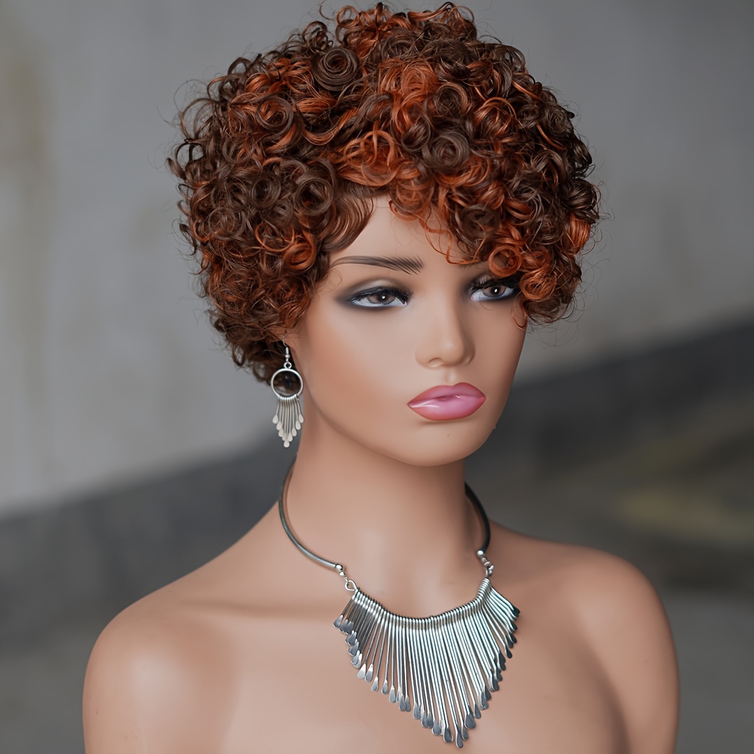 

6inch Short Curly Wigs None Lace Front Human Hair Wigs With Bangs 180% Density Machine Made Pixie Cut Curly Wave Wigs 4/350 For Women