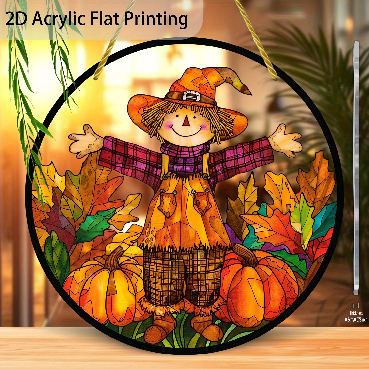 TEMU 2d Flat - [2d Flat] Acrylic Round Suncatcher Featuring A Rustic Autumn And Pumpkins Design, Measuring 8x8 Inches. This Vibrant Hanging Ornament