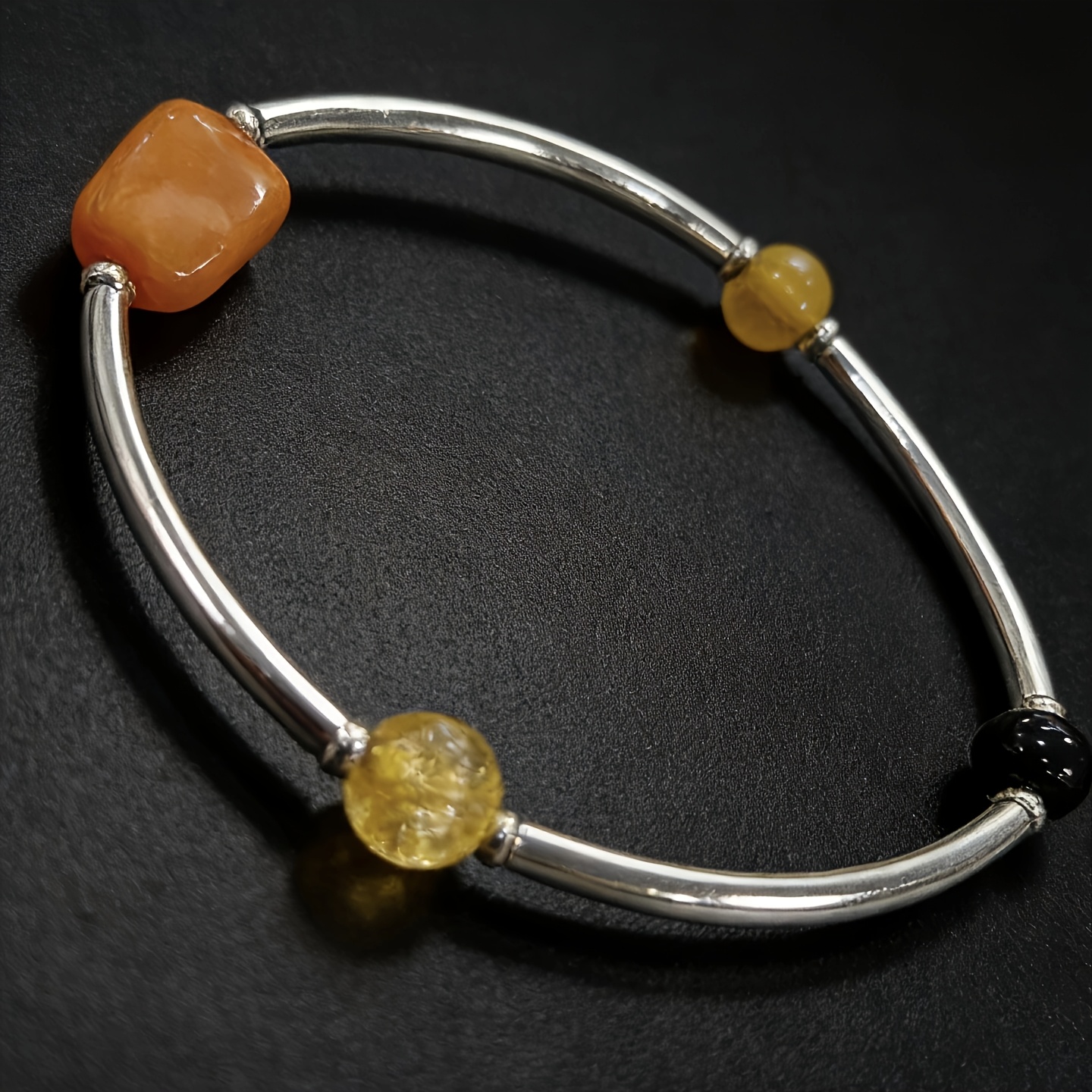 Women's Retro Amber-Colored Bead Curved Tube Bracelet