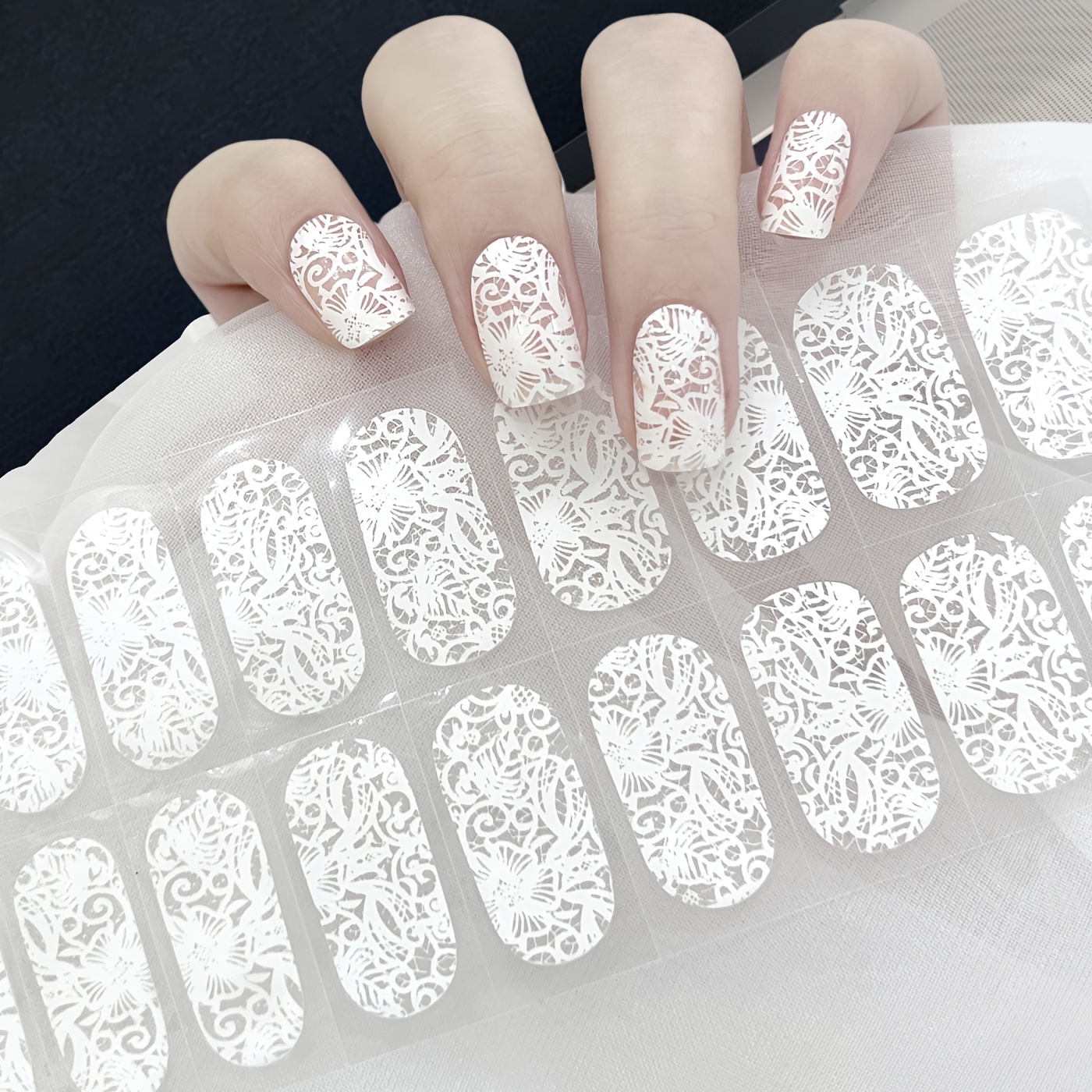 Image of 22pcs White Lace And Glittery Pink Nail Stickers From, High-quality Nail Decals, Suitable For Women's Quick Manicure Kits