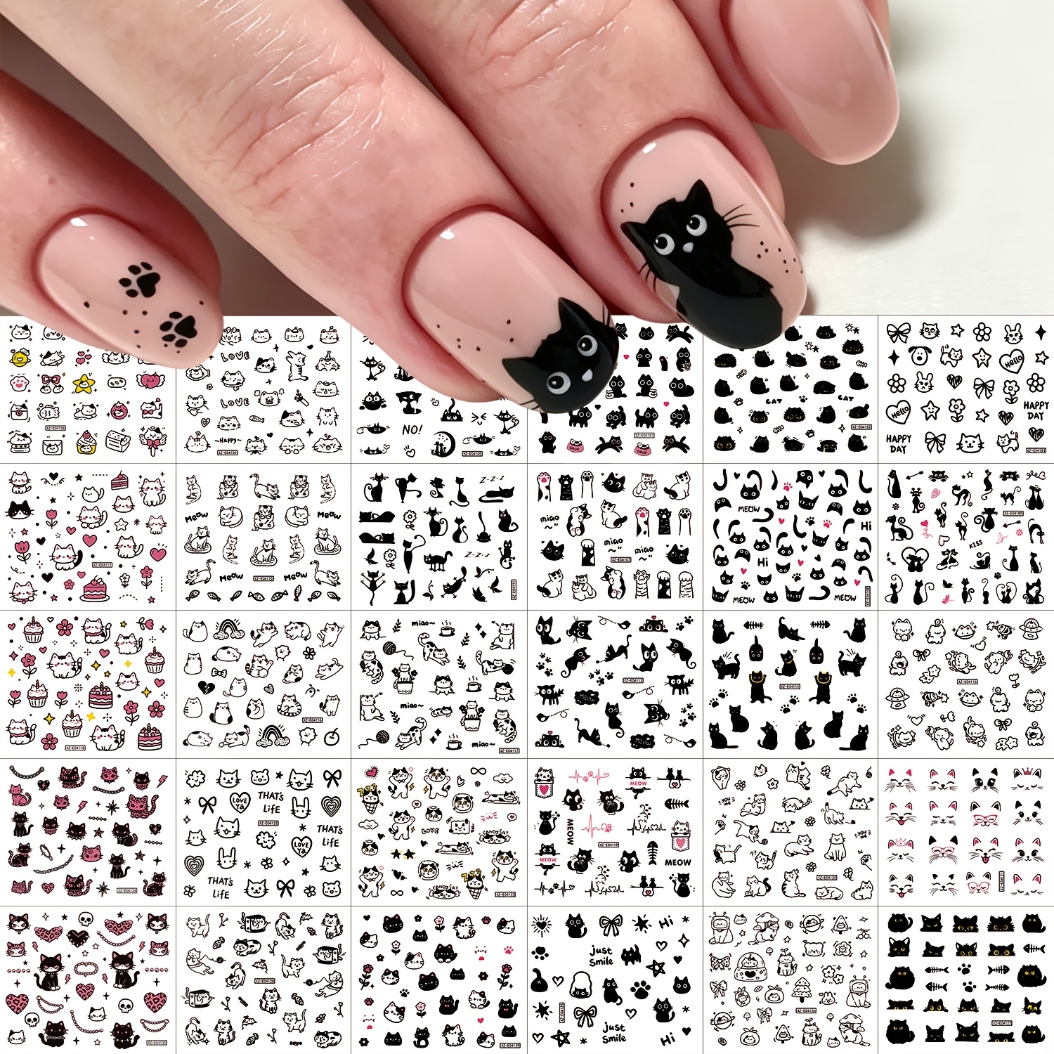 TEMU Cute Cartoon Cat Nail Stickers, Black Cartoon Cat Kitten Paw Self-adhesive Nail Stickers Nail Decals Lovely Animal Nail Art Decorations Diy