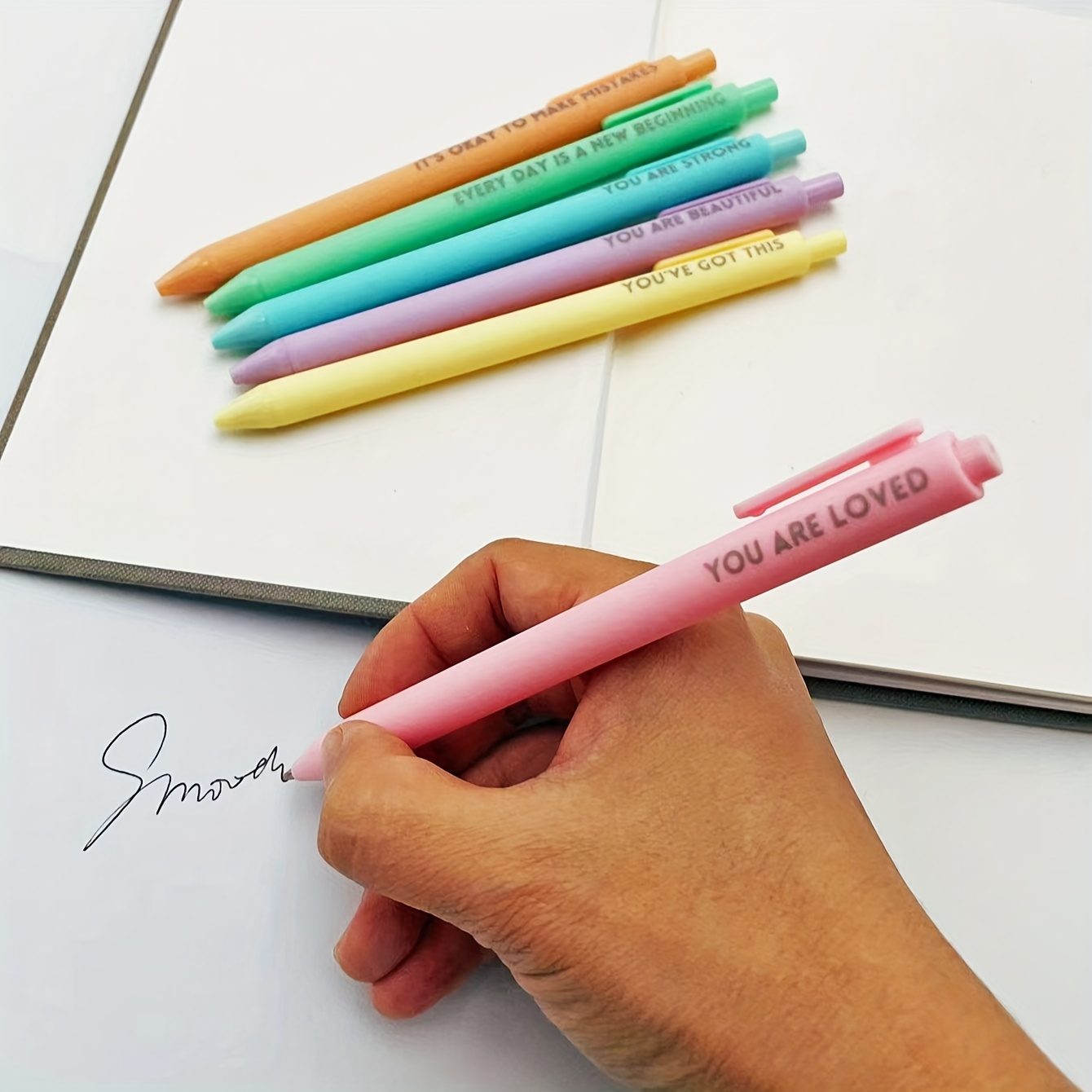 6-Pack Motivational Rollerball Pens - Inspirational Quotes, Retractable Medium Point, Black Ink, Plastic Rubberized Grip, Ambidextrous, with Pocket Clip - Positive Message Writing Pens for Journaling