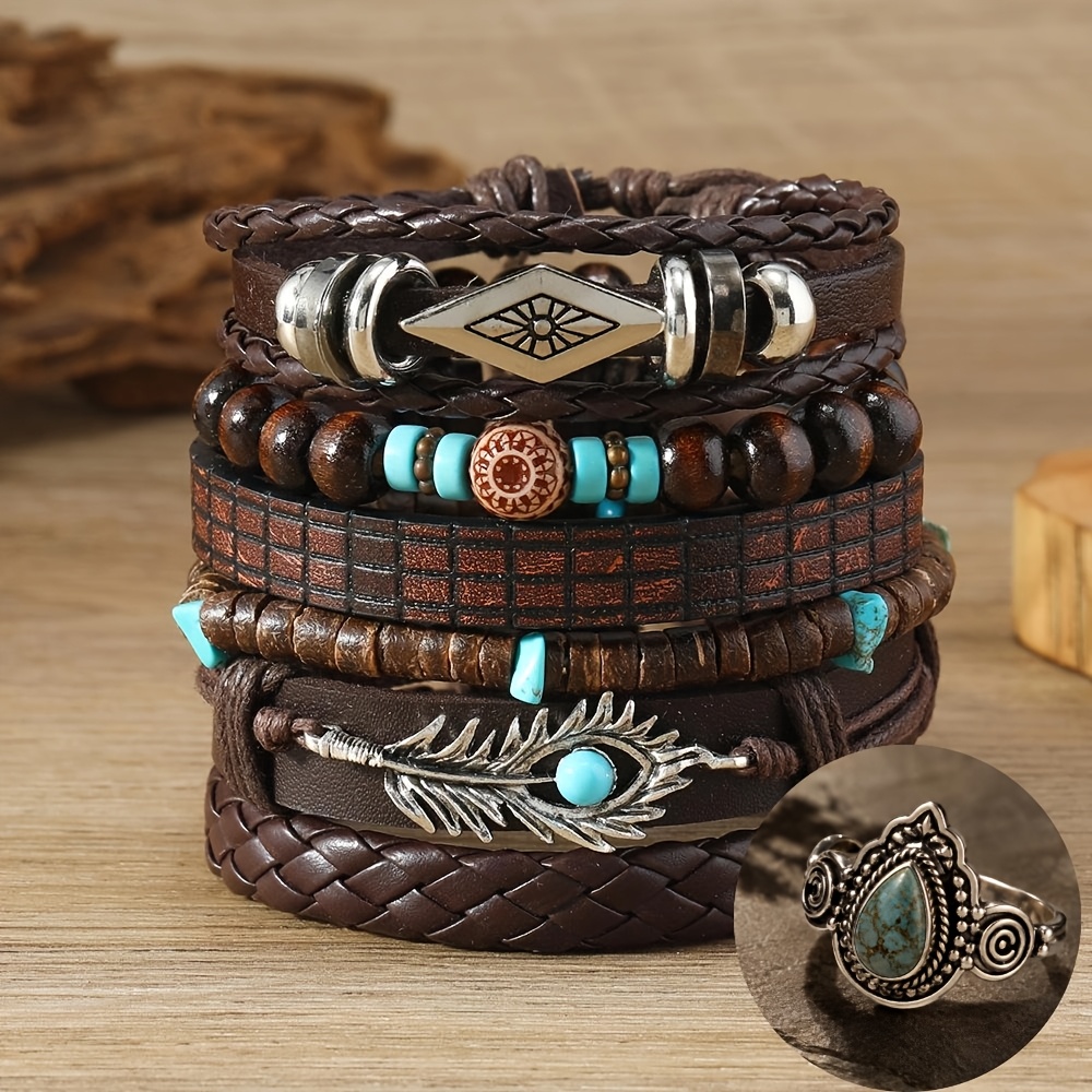 TEMU 6pcs Vintage Bohemian Style Bracelet Set - Wristbands With Turquoise & Feather Charms, No Mosaic Material - Stackable Unisex Jewelry - 6pcs Set