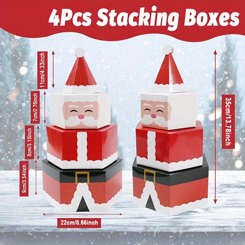 TEMU 4pcs, Christmas Santa Claus Stacking Boxes, Hexagon Santa Claus Design Paper Gifts Decor Box, Merry Christmas Decorations For Home, Noel Navidad