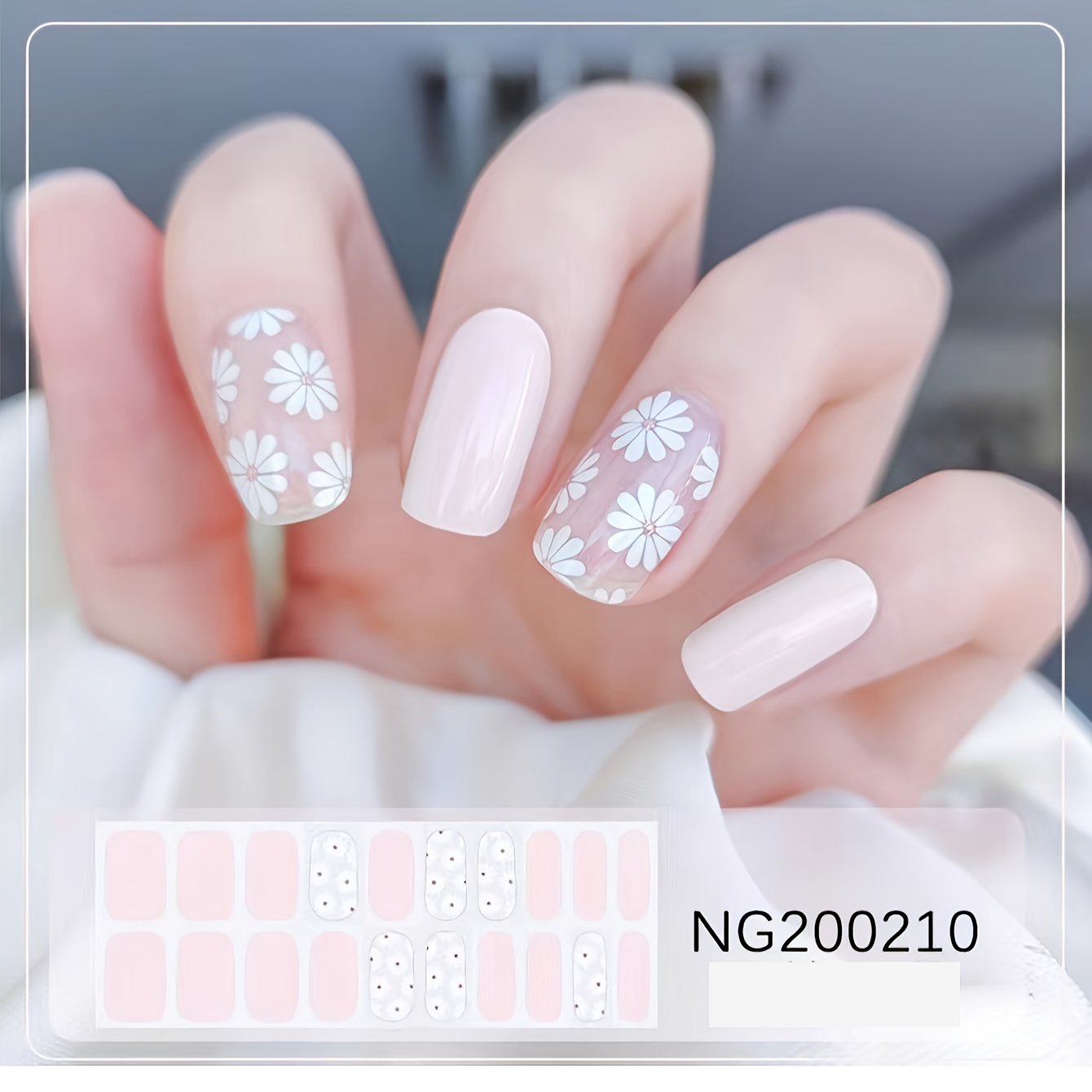 

1 Box Of Sweet 20 Finger Uv Semi-cure Nail , Natural Light Pink Uv/led Finger Nail With Daisies, Easy To Wear And Easy To Remove, Contains A Nail File