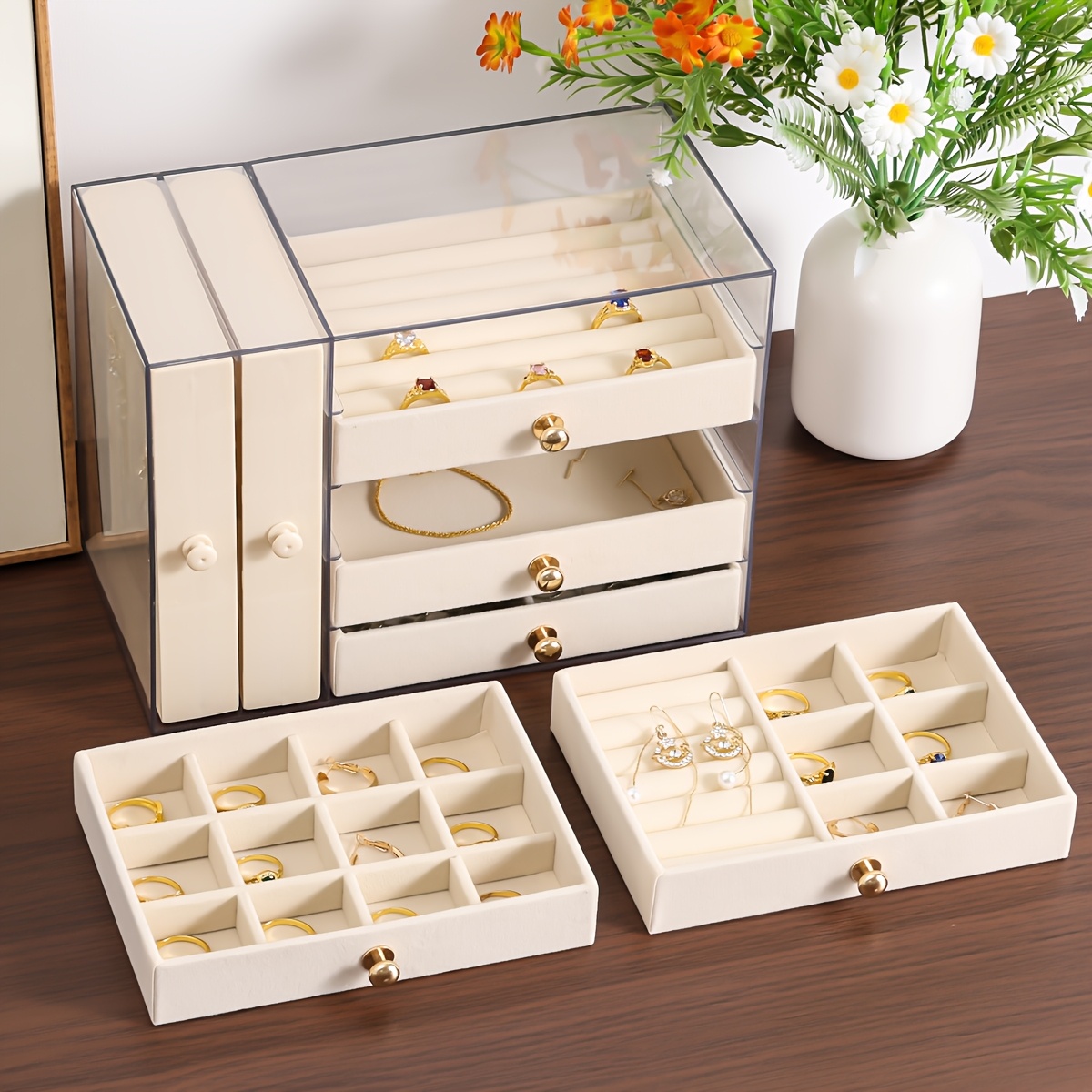 large capacity jewelry organizer box with multiple compartments for earrings rings necklaces bracelets durable plastic desktop storage box with golden handles polished   fabric lined interior ideal for valentines day christmas gifts jewelry gift box jewelry boxes Product details 9