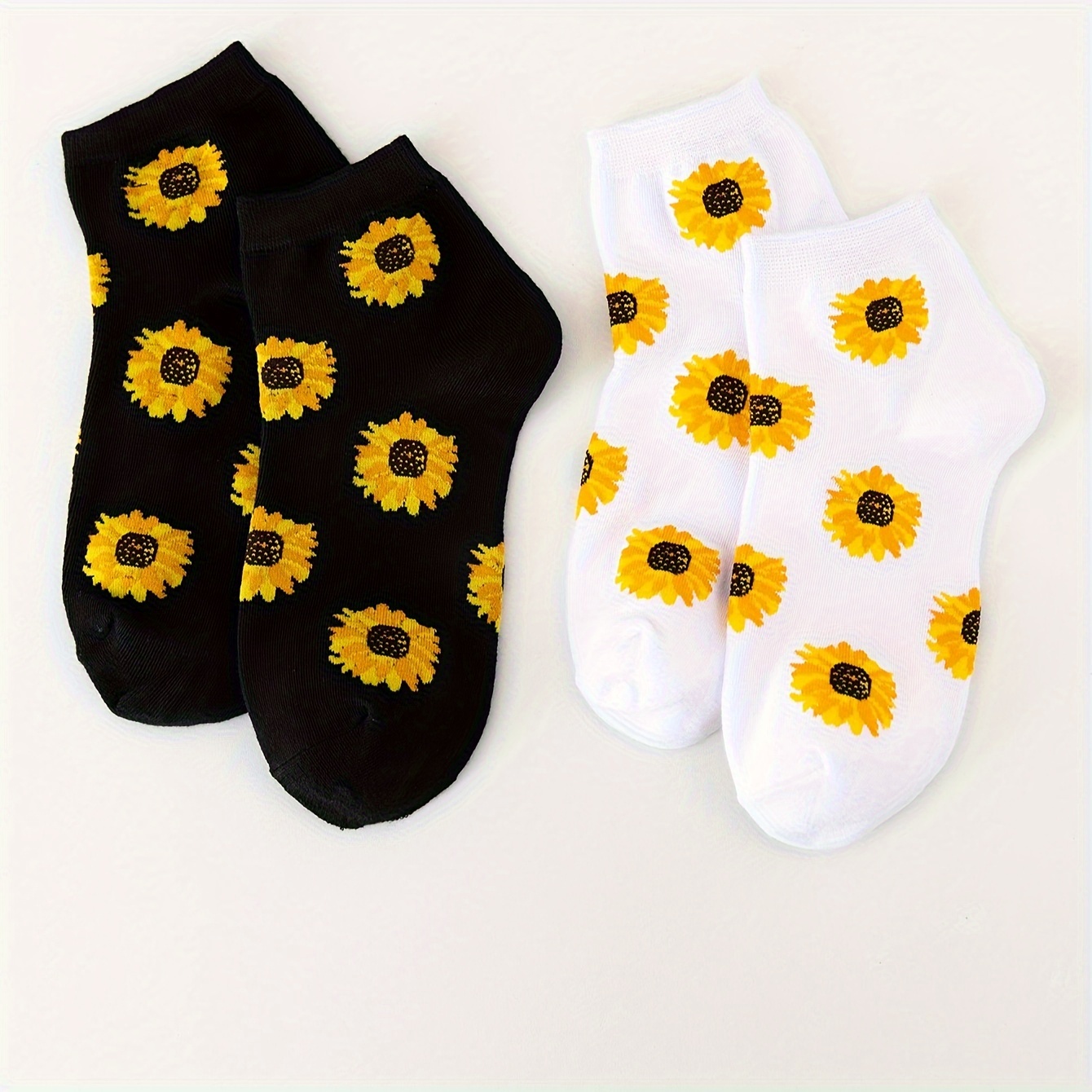 

2pcs Women's Cute Sunflower Print Ankle Socks - Breathable Polyester , Black & White