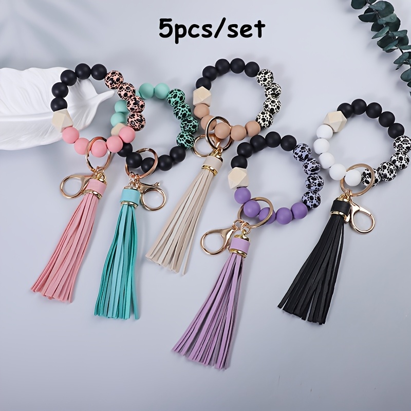 

5pcs/set Wooden Bead Bead Bead Wrist Key Ring Anti Lost Car Keychain Women's Backpack Accessories Pendant Gift For Mom, Gift For Friends