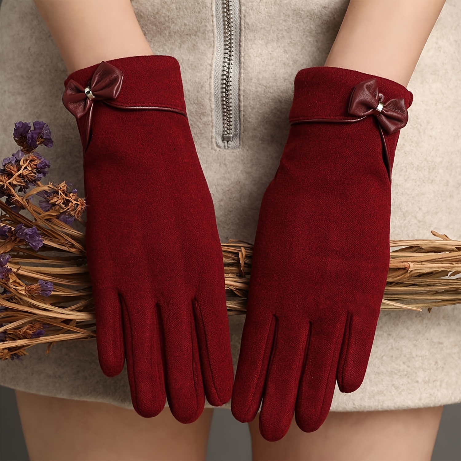 

Elegant Winter Cashmere Gloves With Bowknot - Touchscreen Compatible, For Skiing And Cycling