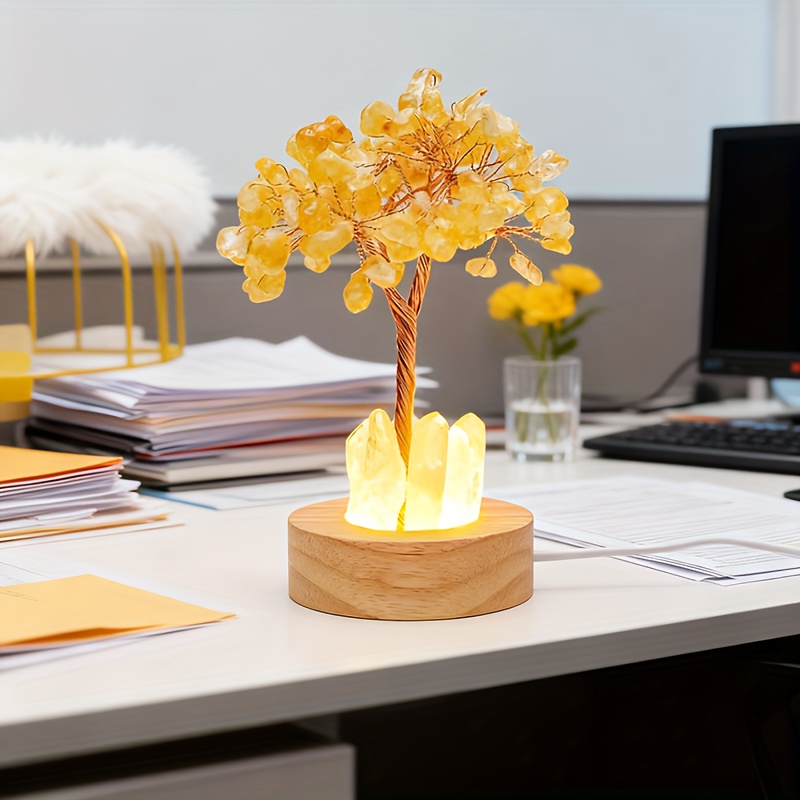 TEMU 1pc Crystal Table Lamp, With Usb Port Decorative Bedside Ambiance Night Light Handcrafted Natural Crystal Tree Night & Office Decor Gift Idea -