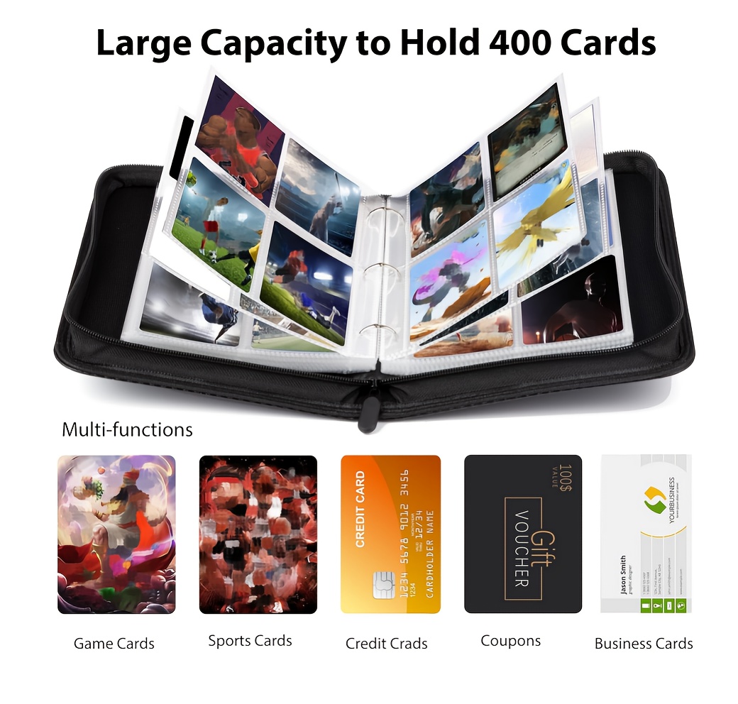 The Card Holder Has 4 Pockets, Suitable for 400 Trading Cards, Featuring 50 Removable Sleeves, a Portable Collection Card Binder, And a Zippered Game Card Box, Perfect for Gifting