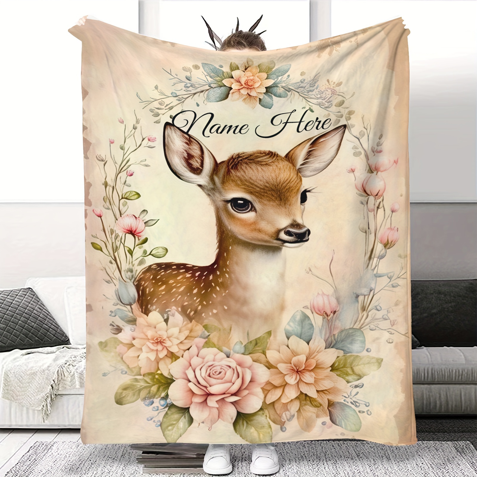 

Custom Name Plum Deer Print Flannel Blanket - Soft, For All - Bed, Sofa, Outdoor Camping - Unique Gift For Men, Women,