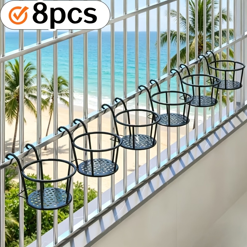 TEMU 8pcs Round Thickened Flower Stands, With Hook Plant Pots Racks Suitable For Fences, , , Outdoor Plant Hanging Pots, Round Iron Railing Balcony