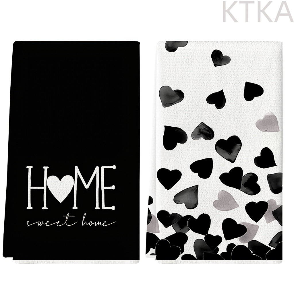 E-shop 2er-Pack, Schwarzer "Home Letter" Print, Viele Herzen, Faser Moderne Saugfähiges Tuch, Küchenlappen zum Kochen und Backen, Spültuch