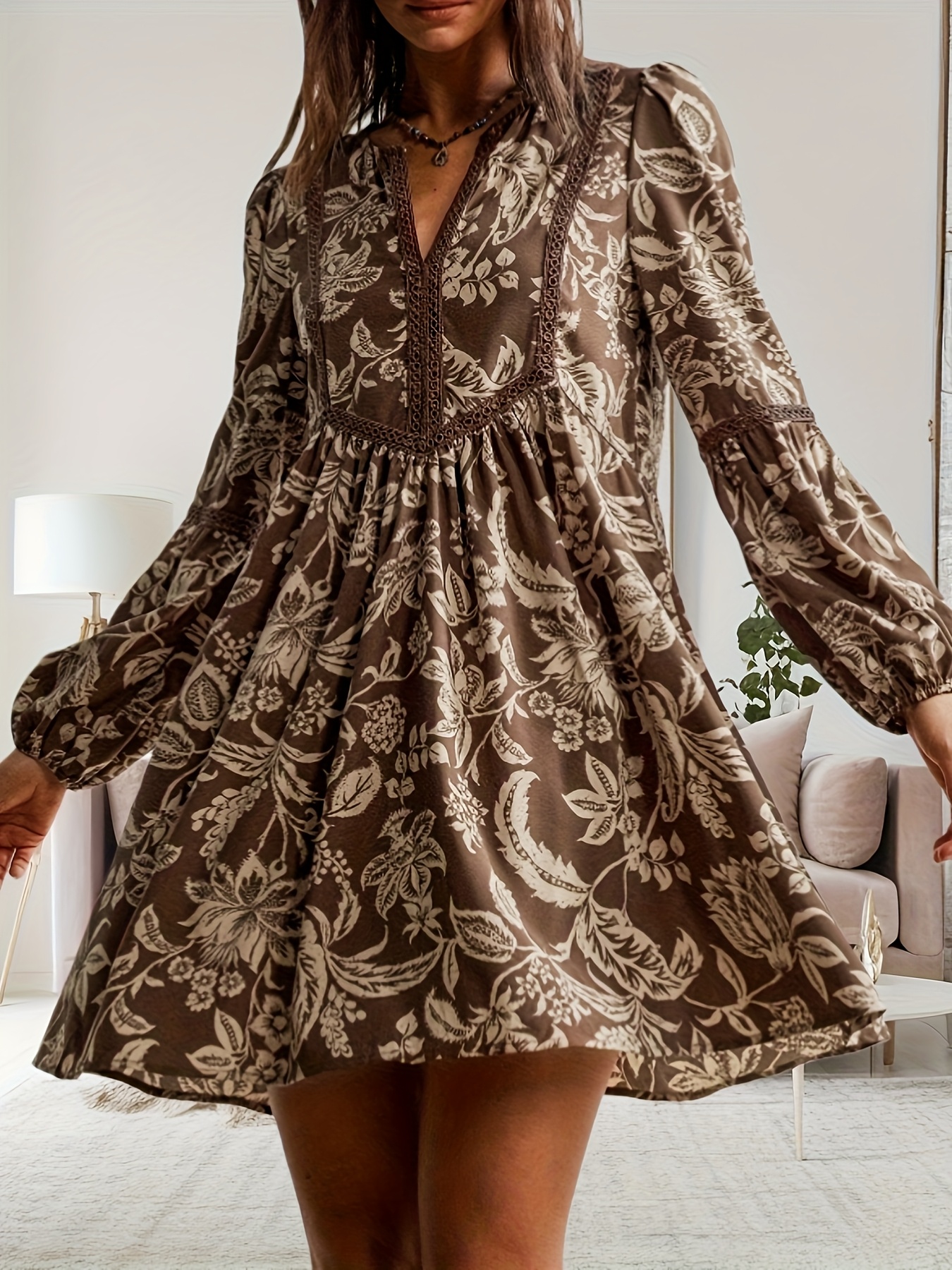 fancy fall dresses Fkelyi Autumn Maple Leaf Print Fall Maxi Dress for Women Long Sleeve V Neck Wedding Guest Dresses Flowy A-Line Elegant Dress with Pockets for SSpring,