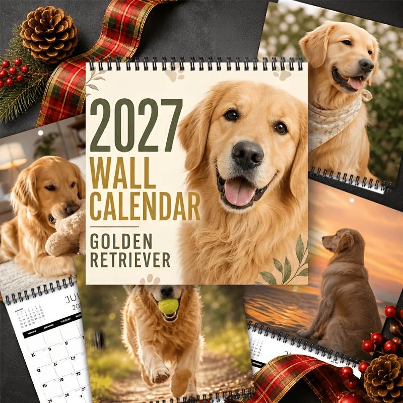 TEMU 2027 Wall Calendar, Golden Retriever December Calendar, Monthly Planner Book, Double Wire Spiral Hanging Calendar 8.3x8.3 Inches Large Size With