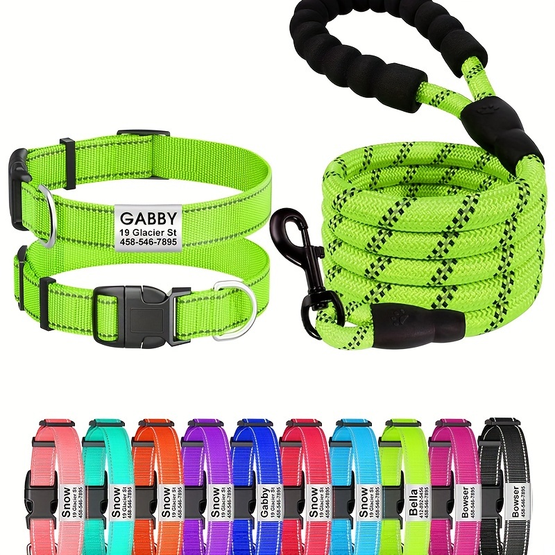 Personalized Reflective Dog Collar and Leash Set with Safety Locking Buckle