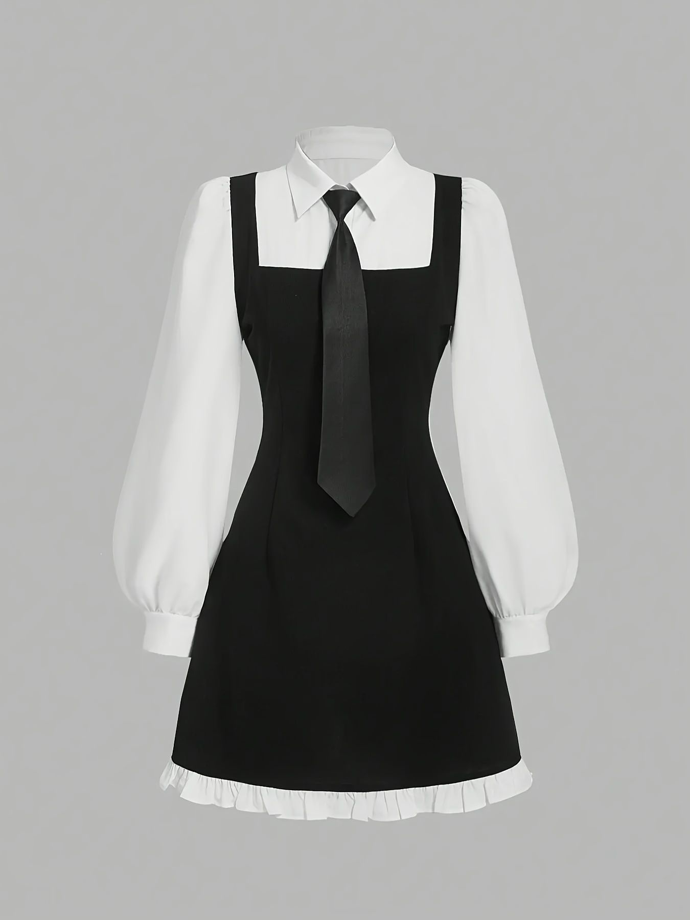 Women's Four-Season Turn- Collar Long Sleeve Waist-Tie Contrast Color  Lace-Up Detail A-Line Elegant Dress