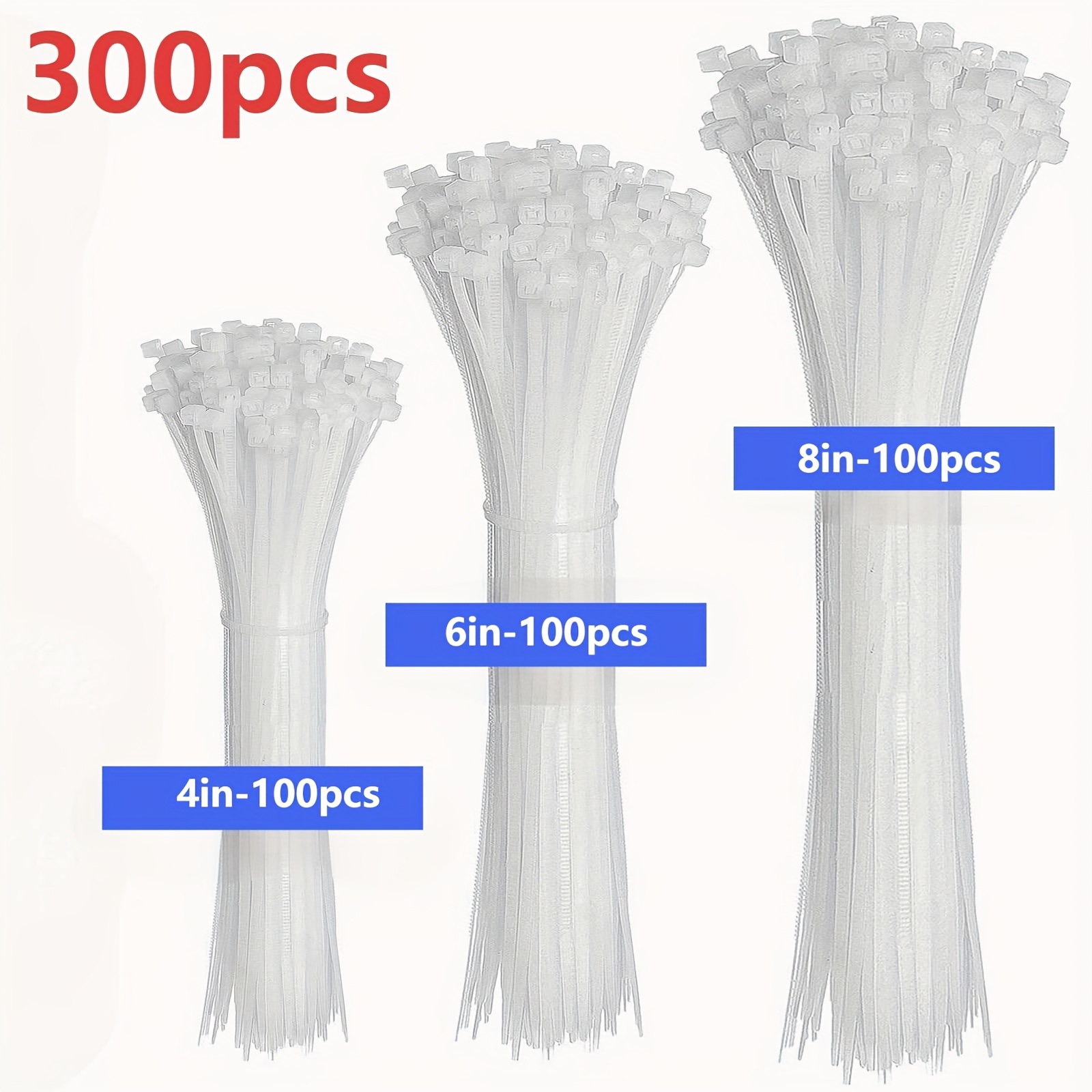 300 Durable White Nylon Zip Ties, Self-locking Cable Ties - In Sizes (4 Inches, 6 Inches, 8 Inches) Suitable For Electrical Wiring, Data Cables, Gardening, And Home Organization