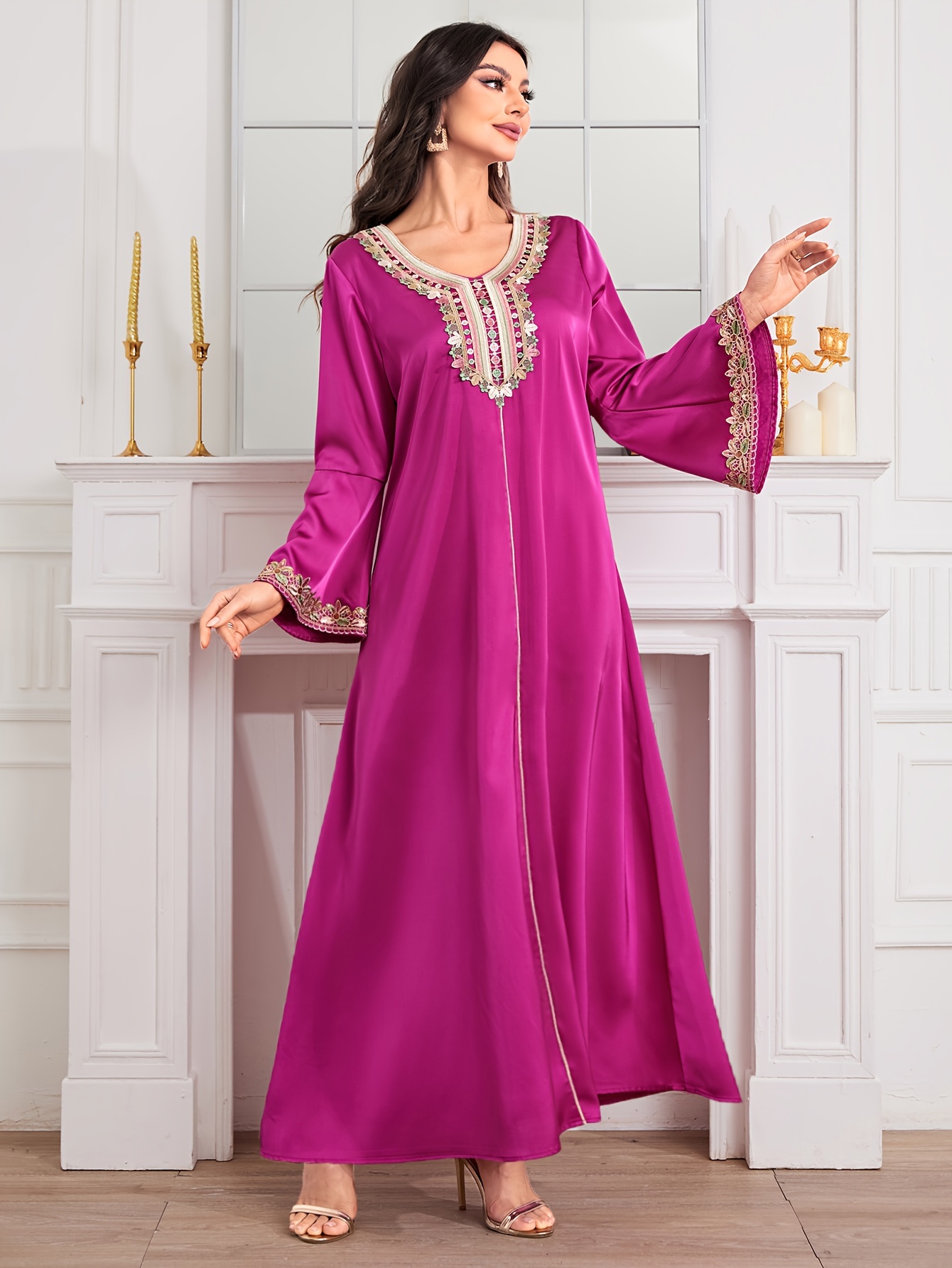 guipure floral v neck kaftan elegant flare sleeve maxi dress