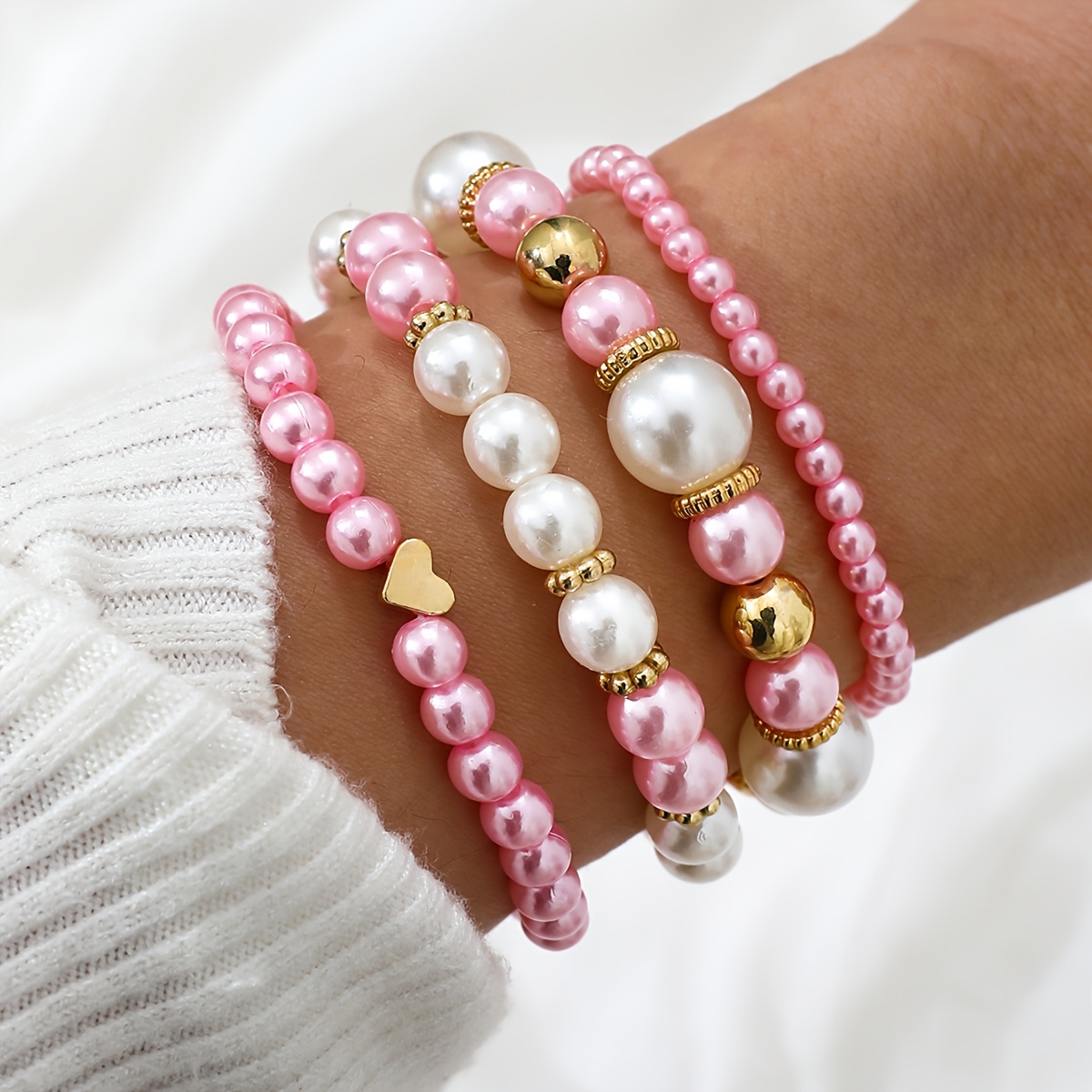 

Chic 4pcs Pink Pearl Beaded Bracelet Set - & Cute, Casual Attire Or Vacation