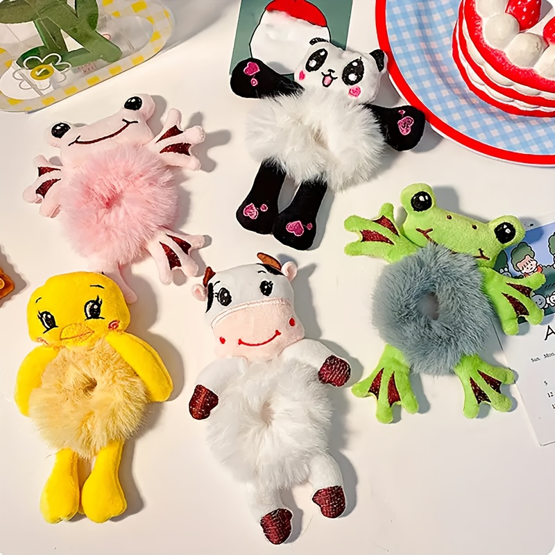 5pcs Cute Plush Animal Elastic Hairband - Frog, Panda, Cat Hair Tie - Clip Headpiece - Accessory Gift