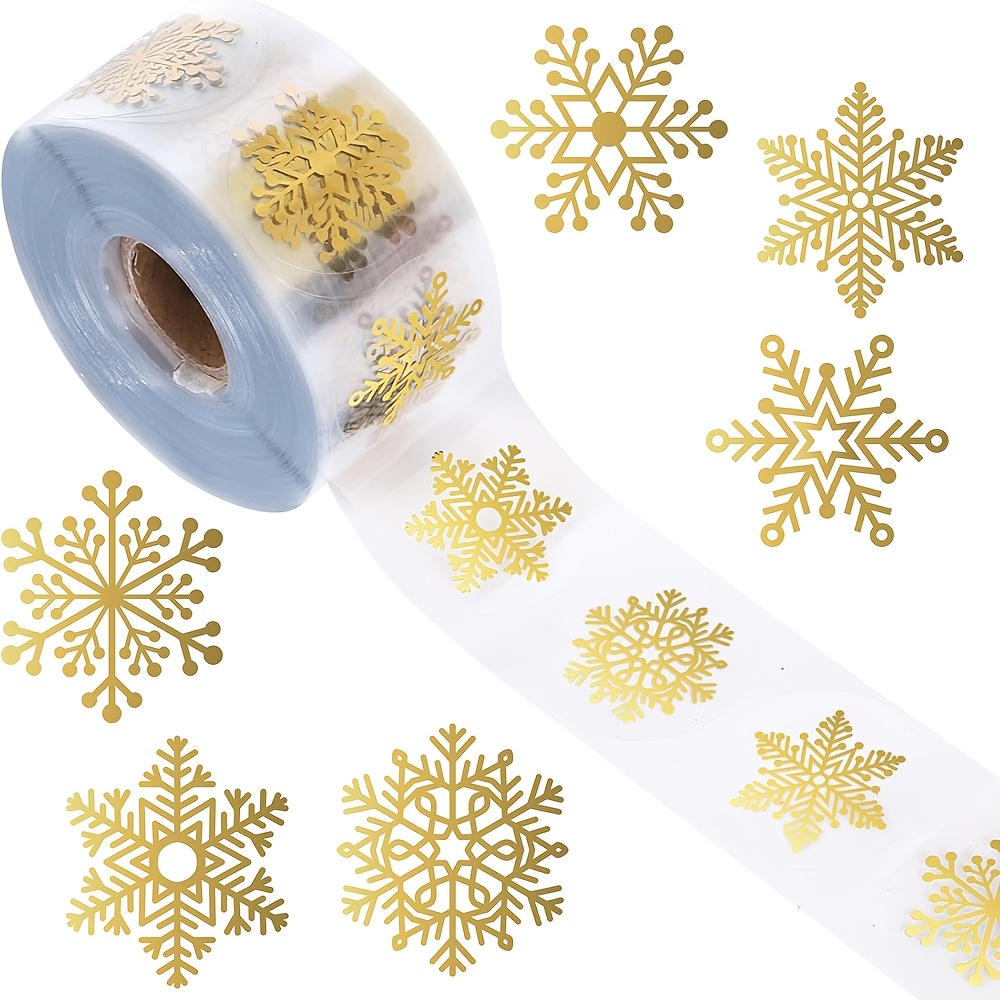 [500pcs Golden Snowflake Stickers Roll] 500pcs Golden Foil Snowflake Stickers Roll, Transparent PVC Self-Adhesive Decorative Seals for Christmas, Holiday Home Decor, Window Clings, Notebook, Phone Case, Water Bottle, DIY Crafts