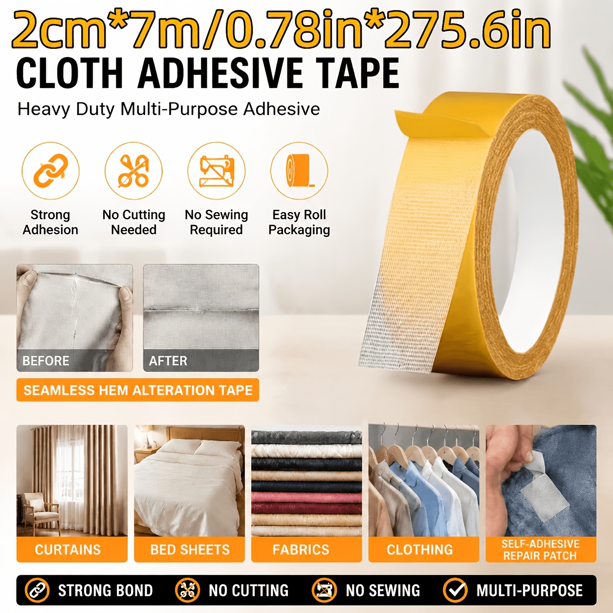 TEMU 1 Roll 275.6 Inches High-tack Cloth Tape, Heavy-duty Multi-functional Adhesive, Convenient Roll Packaging, Seamless Hem Modification Tape, For