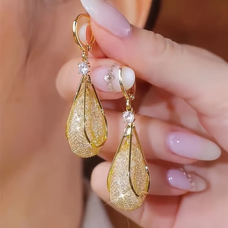 TEMU 1 Pair Sparkling Artificial Crystal Mesh Earrings - Golden Plated Alloy With Accents, Elegant Jewelry For Women, Durable For & Vacation Decoration