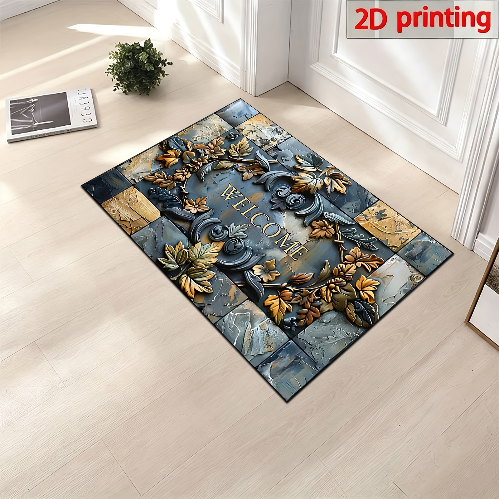 2d 1pc And Plant Embossed Welcome Mat - Non-slip, High Quality, Machine Washable Polyester Mat, Suitable For Home And Outdoor Decor- For Entryway, Living Room, Bathroom
