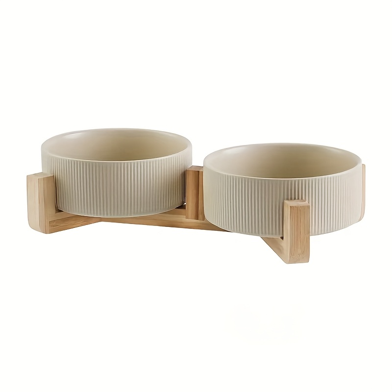 Sturdy Ceramic Dog Bowl Set With Stand, Double Bowls For Dogs And Cats - Food & Water Dishes, Anti-spill Design, Easy To Clean, Large Capacity Pet Feeding Dish With , Simple Striped Pattern