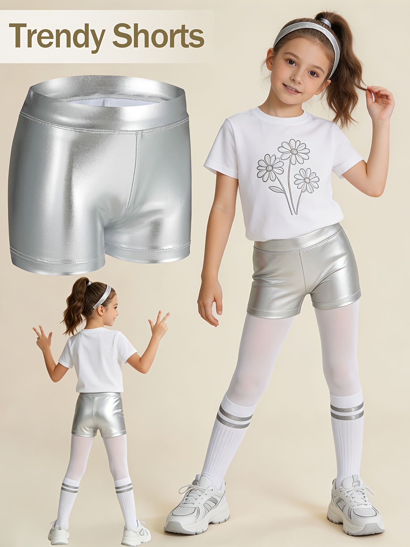 1pc   girls fashion shorts sparkling casual leggings high waist casual yoga pants stretch home pants trendy dance shorts solid color gymnastics shorts   wear   gift for outdoor