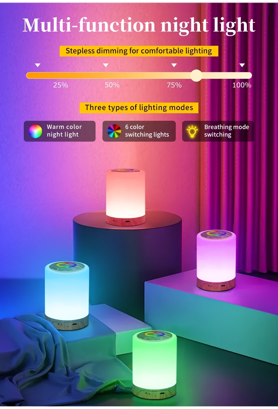 1pc/2pcs Bedside Lamp, Touch Night Lamp, Wood Grain Color Table Lamp, 3 Lighting Mode, 5 Brightness Level, RGB Ambient Lamp, Soft Light Reading Table Lamp, 1500mAh Battery, TPY-C Charging Use, Portable Lamp, Suitable for Bedroom, Living Room