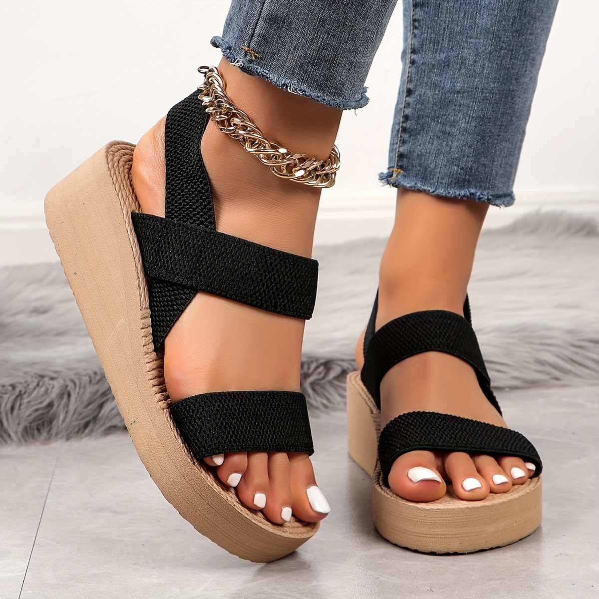 chic summer womens high heel sandals beige straw texture fabric open toe with ankle strap comfortable eva sole fashion wedge heels for beach and travel strappy sandals Product details 8
