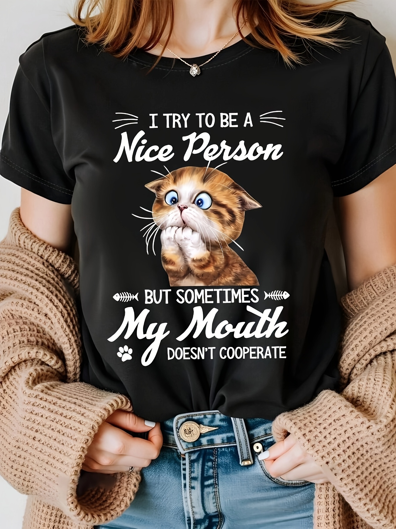 women's funny cat graphic t shirt try nice mouth Temu Poland