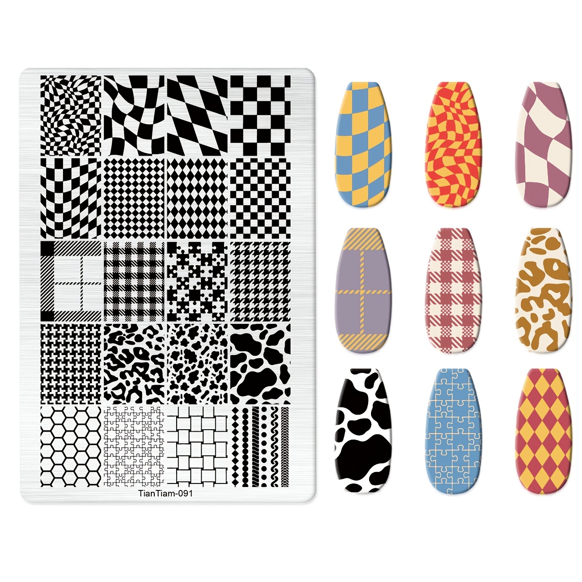 TEMU Une plaque de stempel pour nail art avec des à carreaux, des cœurs, des papillons et des de dentelle, en acier inoxydable pour le transfert des