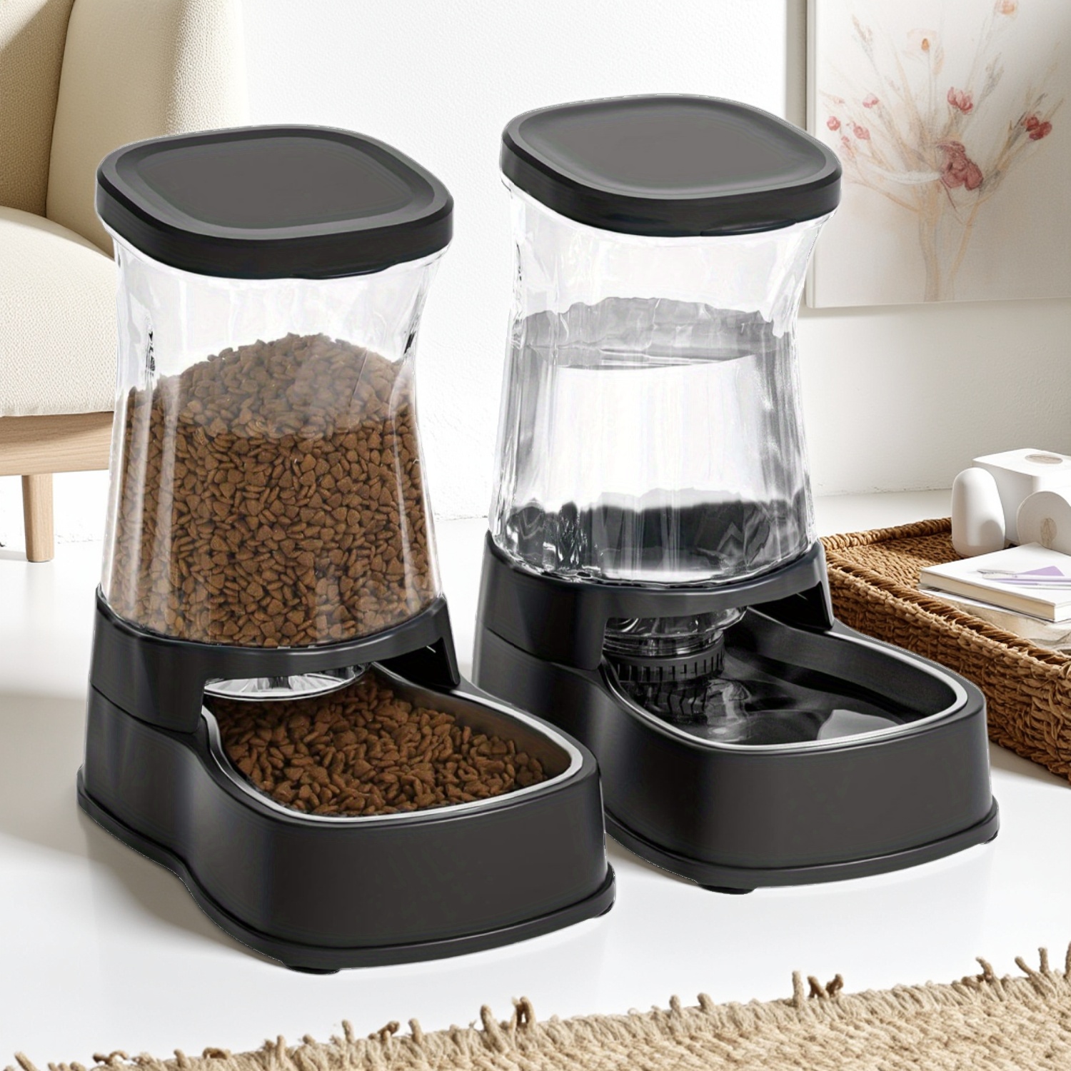 TEMU Pet Water Dispenser&food Feeder 3.85l*2, Gravity Automatic Feeding, 304 Stainless Steel Bowl, Removable And Washable, Uncharged, No Battery, For