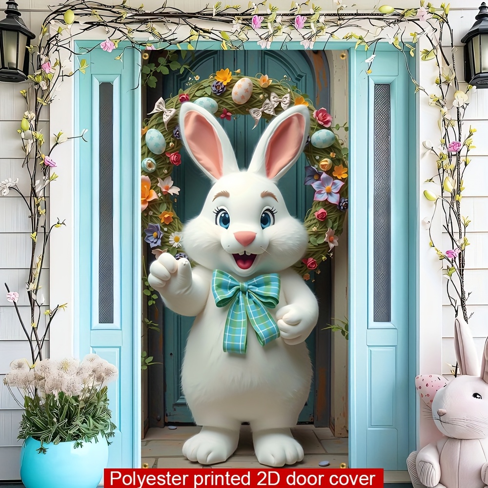 

2d Door Banner, Easter Bunny Welcome Door Banner - With Tie, Floral Wreath Design, Polyester, 70.8x35.4 Inches, Ideal For Indoor/outdoor Spring Decorations, Rabbit Accessories