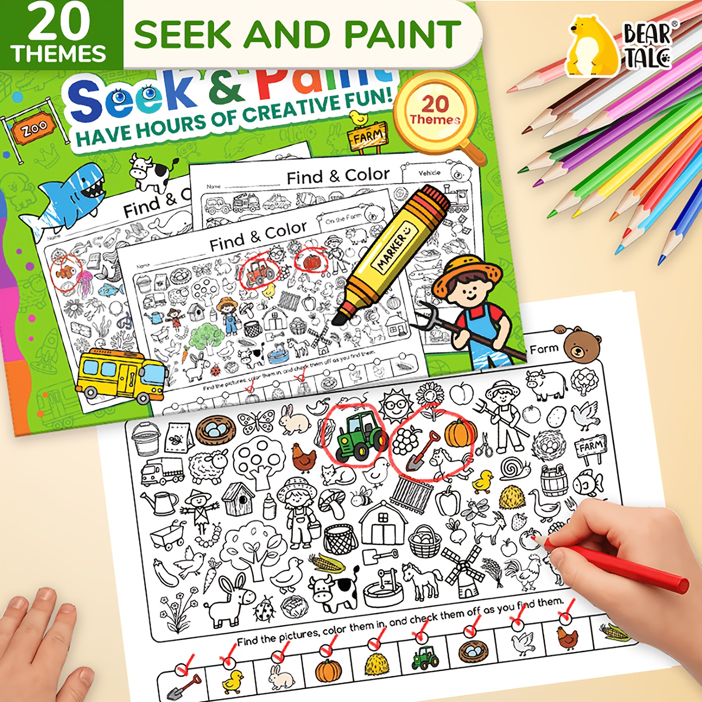 Bear Tale Coloring Book For Kids Ages 3-6, 20 Page Find And Color Activity Book, Portable Travel Learning Toy For Preschoolers, Ideal Birthday Gift For Boys And Girls