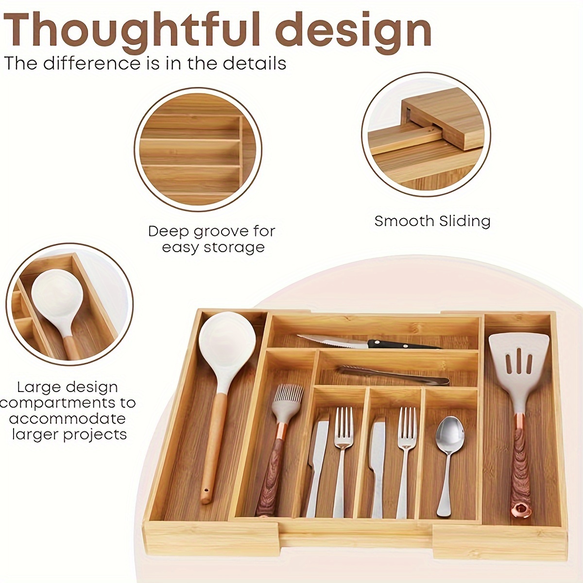 1pc bamboo cutlery organizer kitchen drawer storage box expandable cutlery organizer tray bamboo cutlery organizer tray with drawer dividers suitable for organizing silverware cutlery and knives in storage office kitchen bedroom and living room multifunctional bamboo drawer storage box organizer details 1