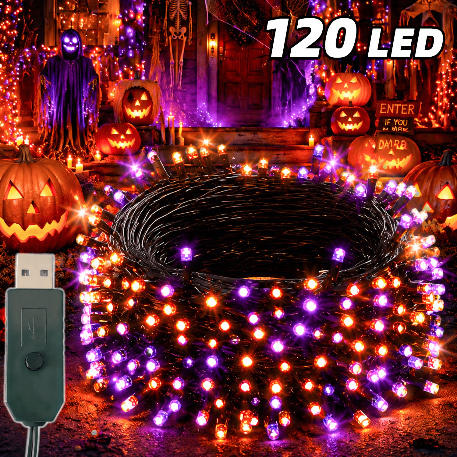 TEMU 1 Pack Indoor Halloween Decorative Lights, 400/240/120 Led High-brightness Purple-orange Lights, 12 Lighting Modes Fairy Lights, Suitable For