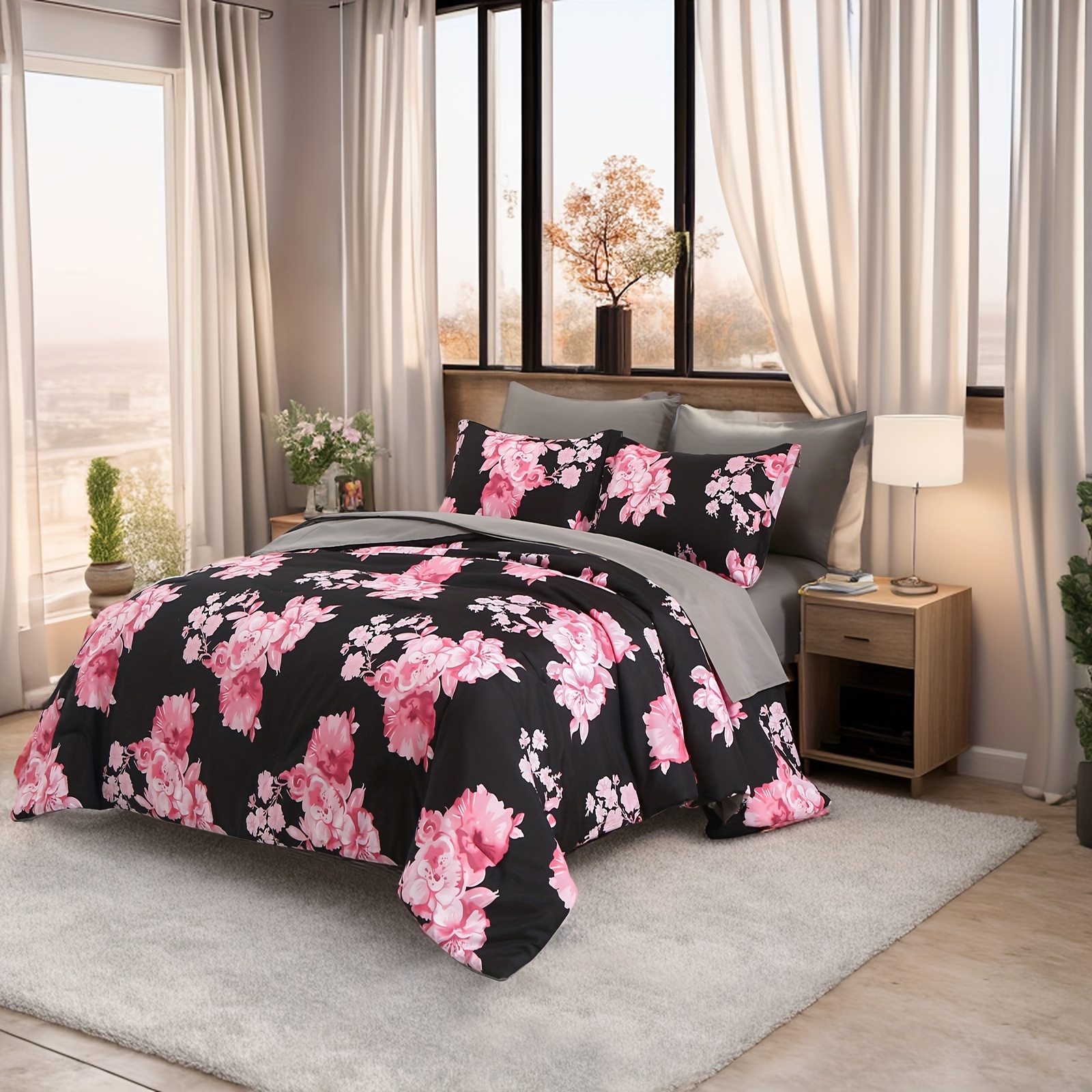 

7 Pcs Botanical Bed In A Bag Queen And King Comforter Set, Pink Floral On Black And Purple Floral On White - Stain-resistant, Hypoallergenic, And Lightweight Bedding For All Seasons