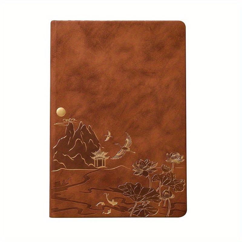 Brown A5 Premium Notebook Gift Set with Pen - PU Leather Journal with Gold Oriental Art - 200 Pages Business Diary & Corporate Gift Box (Lotus & Crane Design)