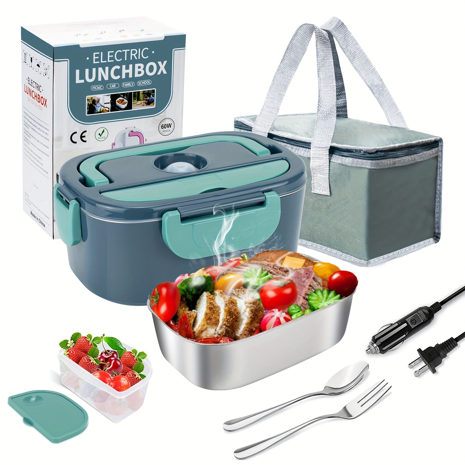 

Electric Lunch Box Food Heating Box, 60w Portable 3 In 1 For Car 12v/24v/110v, Lunch Box For Adult With 1.5l Bag