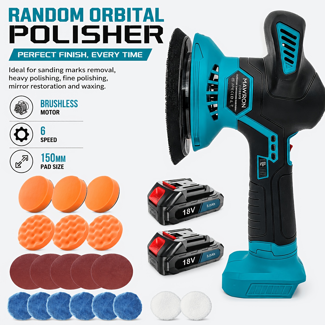 TEMU 300w Cordless Polisher 6" 150mm Buffer Machine With 2 X 3000mah Battery Or No Battery And Charger, 20pcs Polishing Kit 6 Variable 2800-5500 Rpm