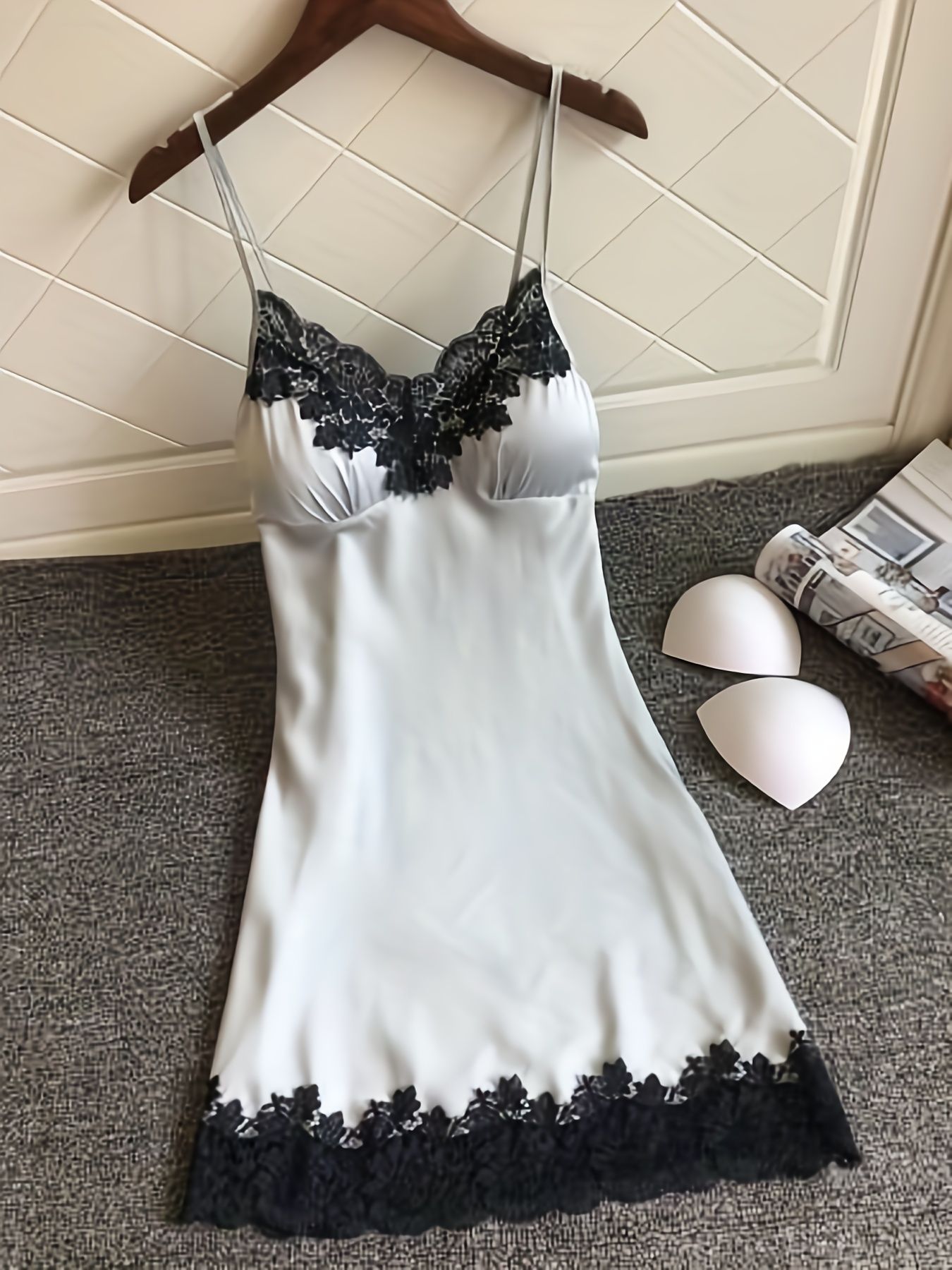 womens v neck satin lace nightgown elegant   dress with black lace trim shoulder   design full lingerie sleepwear for a  