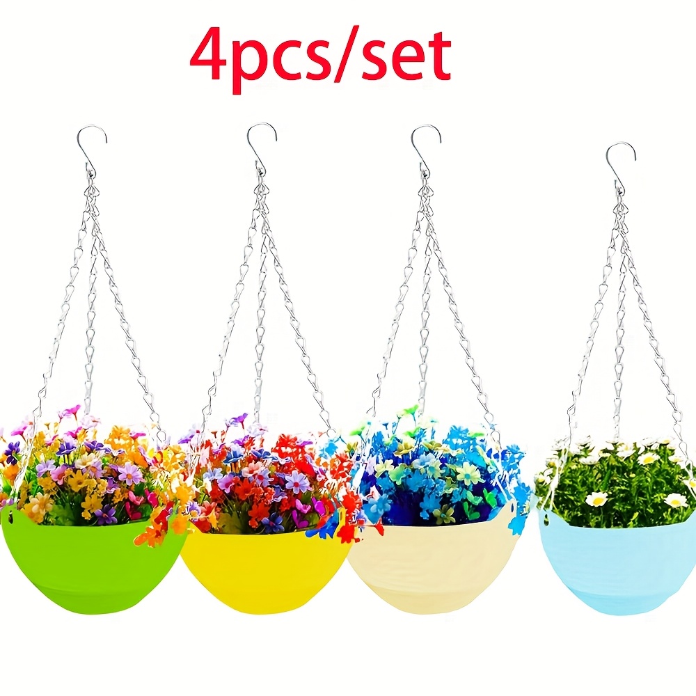 Image of 4 Pack White Plastic Hanging Plant Pots With Drainage Holes & Chain - Bohemian Round Indoor/outdoor Hanging, Lightweight Flower// Suitable For Balcony, Porch, Garden