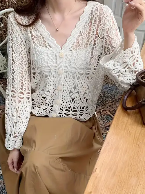 Elegant Solid Hollowed Out Weave V Neck Tops Elegant Solid Hollowed Out Weave V Neck Tops